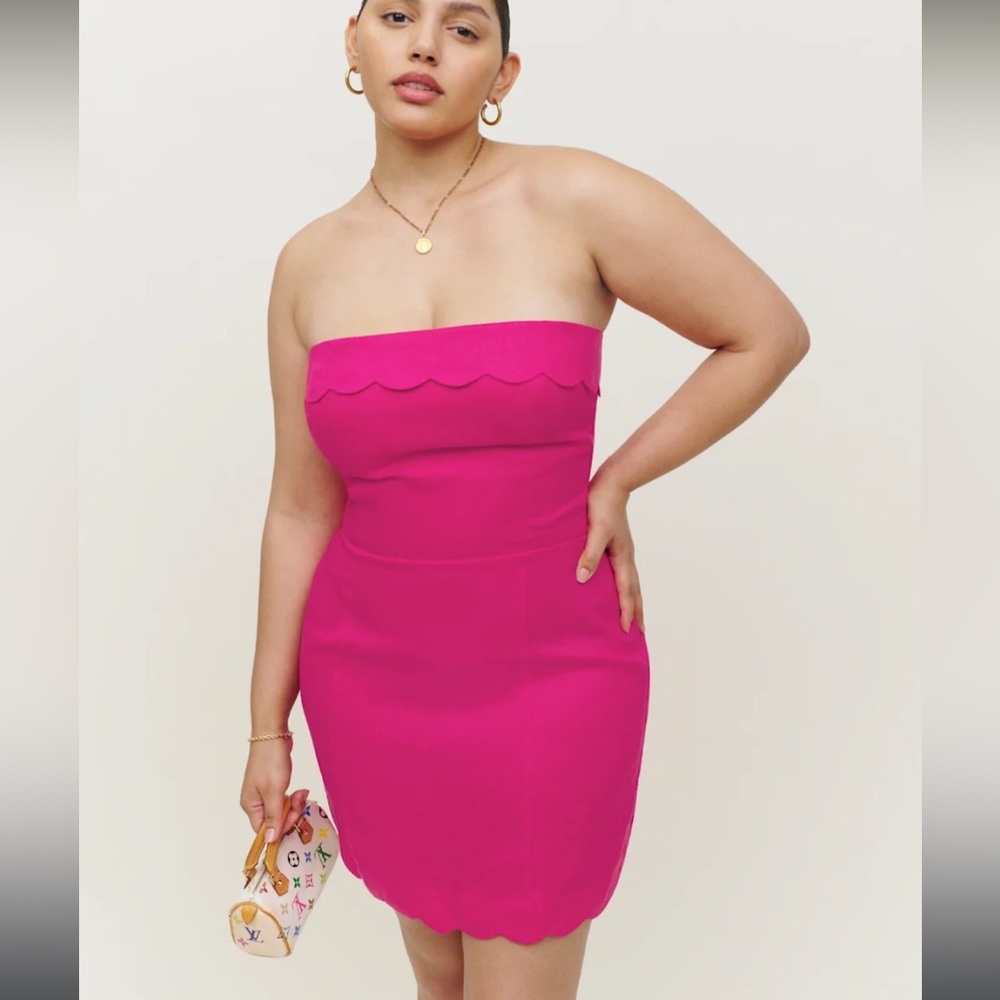 Reformation Isles Linen Dress in Corvette - Pink Strapless Mini Scalloped